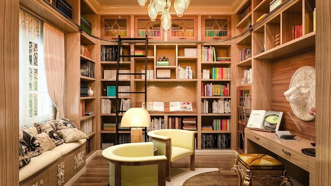 Cozy library with built-in bookshelves, a spiral staircase, reading chairs, and a window seat.