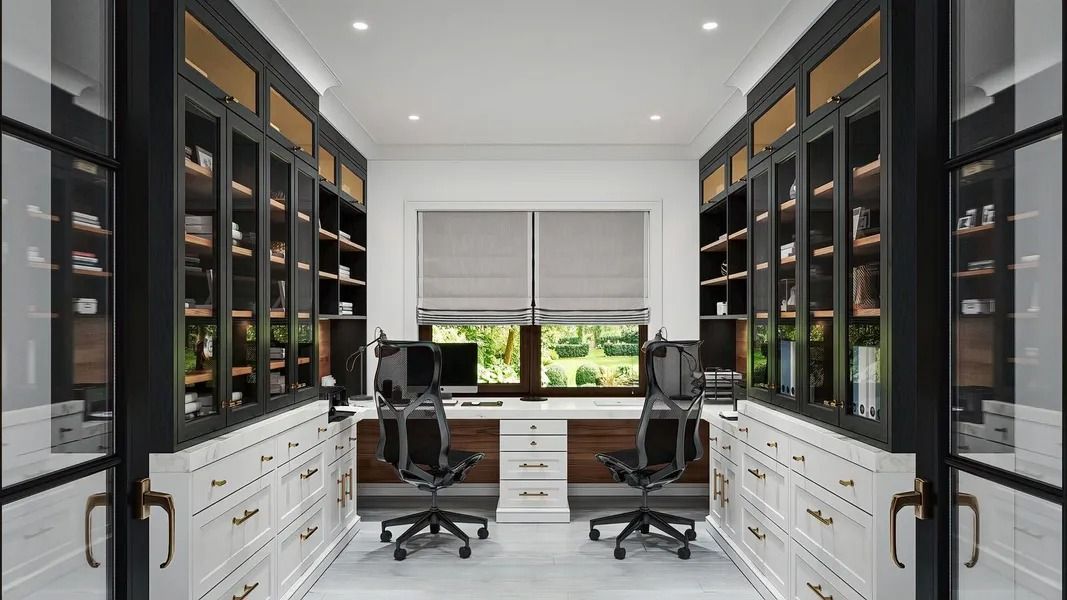 Dual home office setup with black and white shelving, two desks, and a window.