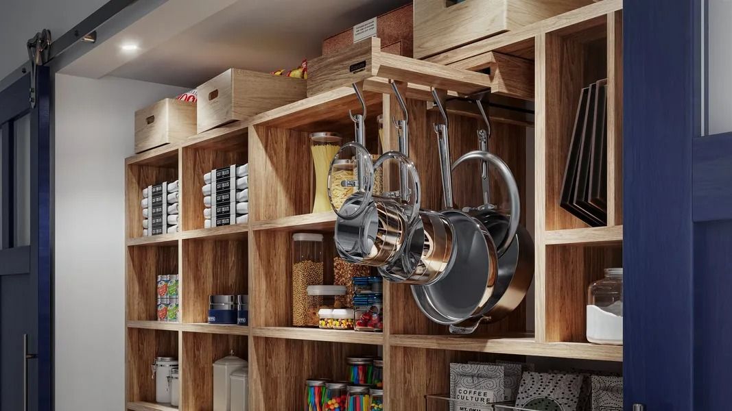 Wooden pantry with shelves filled with food, pots hanging, and blue door frame.