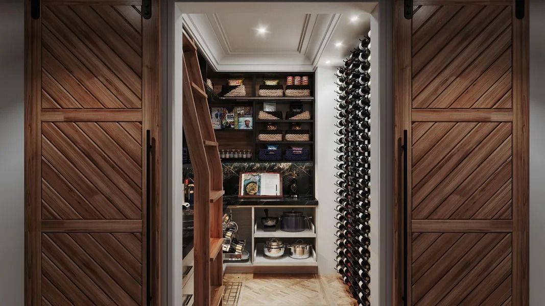 Wooden barn doors open to reveal a pantry with shelves, ladder, and wine rack.