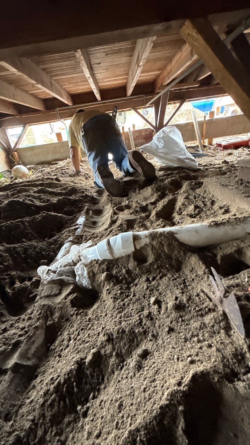 Person shoveling dirt inside a low wooden barn with hay and beams overhead