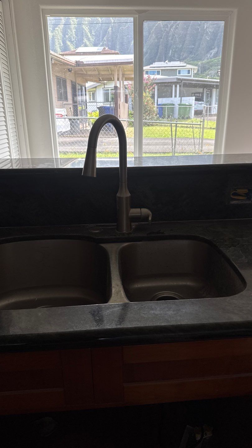 Kitchen sink and black faucet in front of a window overlooking a yard and house.