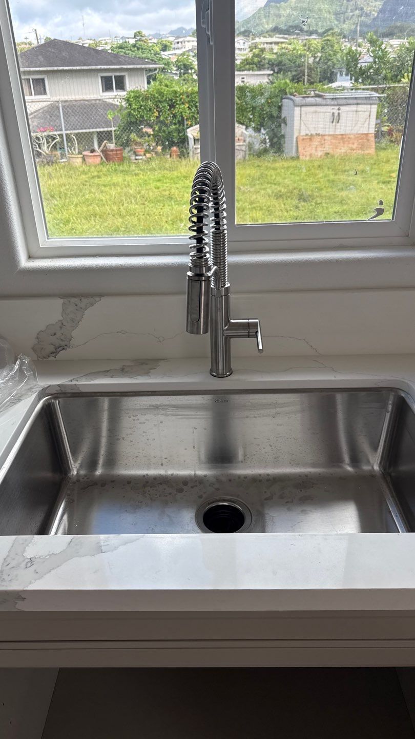 Stainless steel kitchen sink with tall faucet beneath a window overlooking a yard and neighboring houses