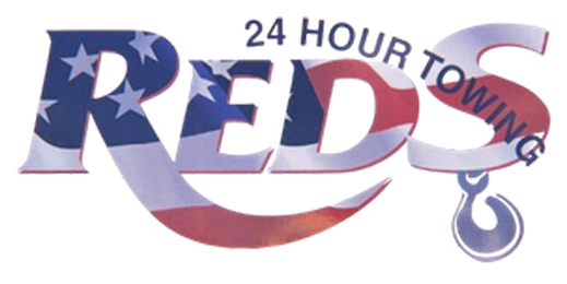 Logo for Red's Towing with US flag design. Includes a tow hook graphic, and "24 hour towing."