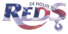 Logo for Red's Towing with US flag design. Includes a tow hook graphic, and "24 hour towing."