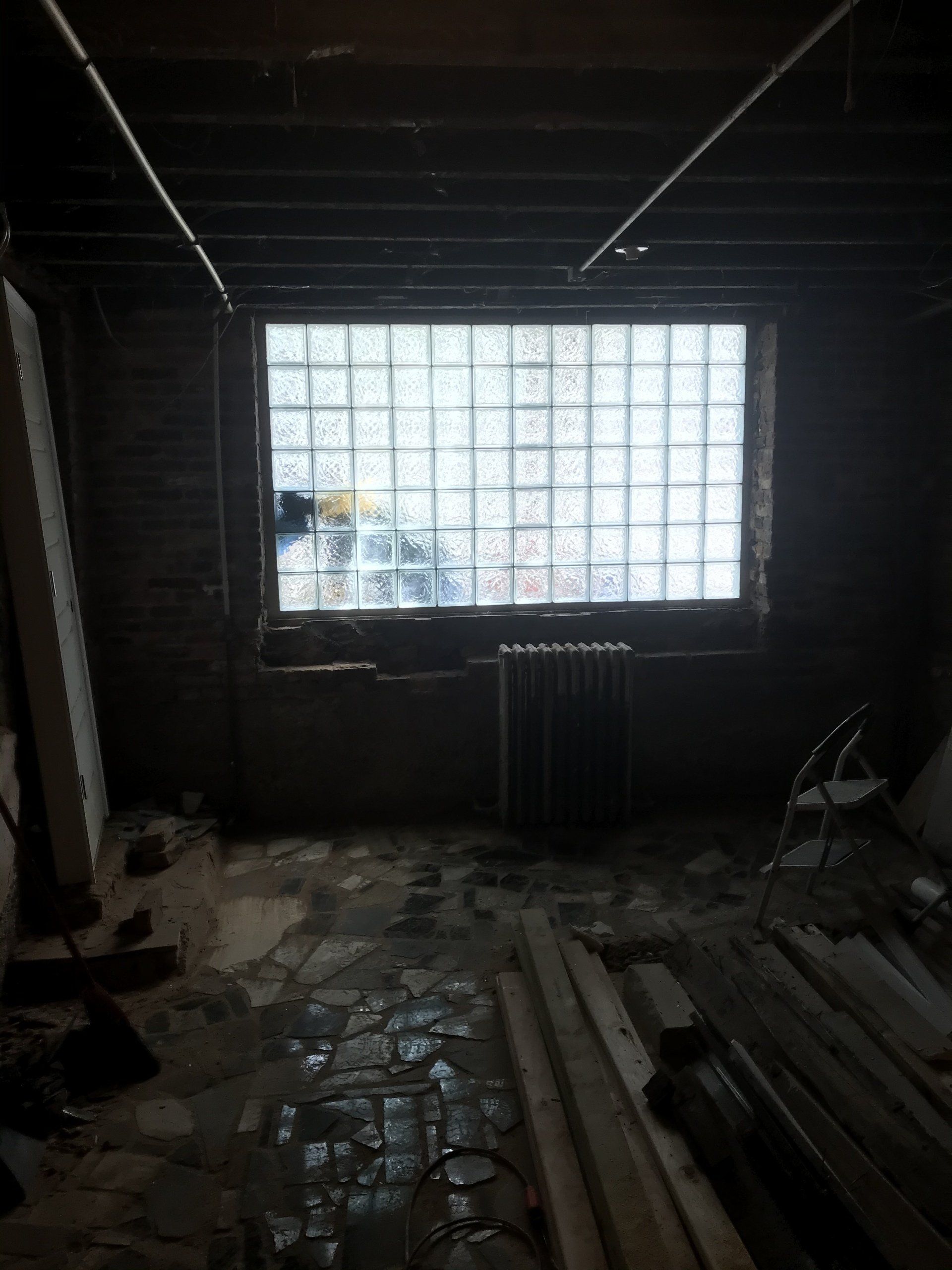 Glass block window during the installation process