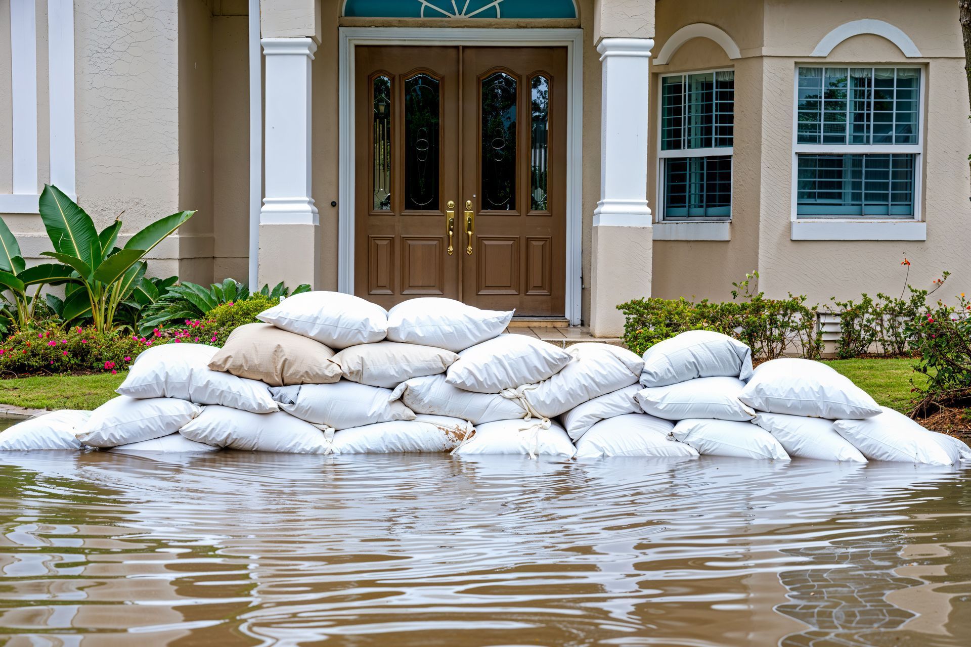 Floodwater surrounds a house with sandbags in front of the door.