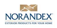 Norandex logo: Gold abstract design above blue 