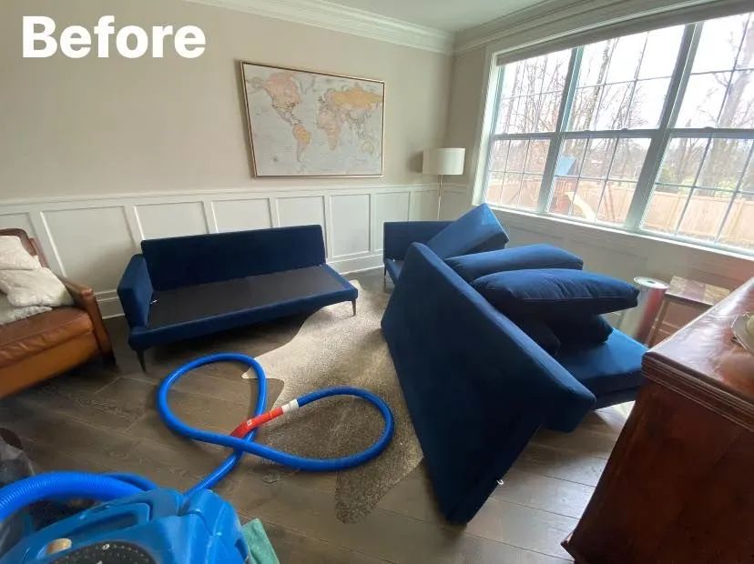 Living room before cleaning with blue furniture and a rug. Water extraction equipment visible.