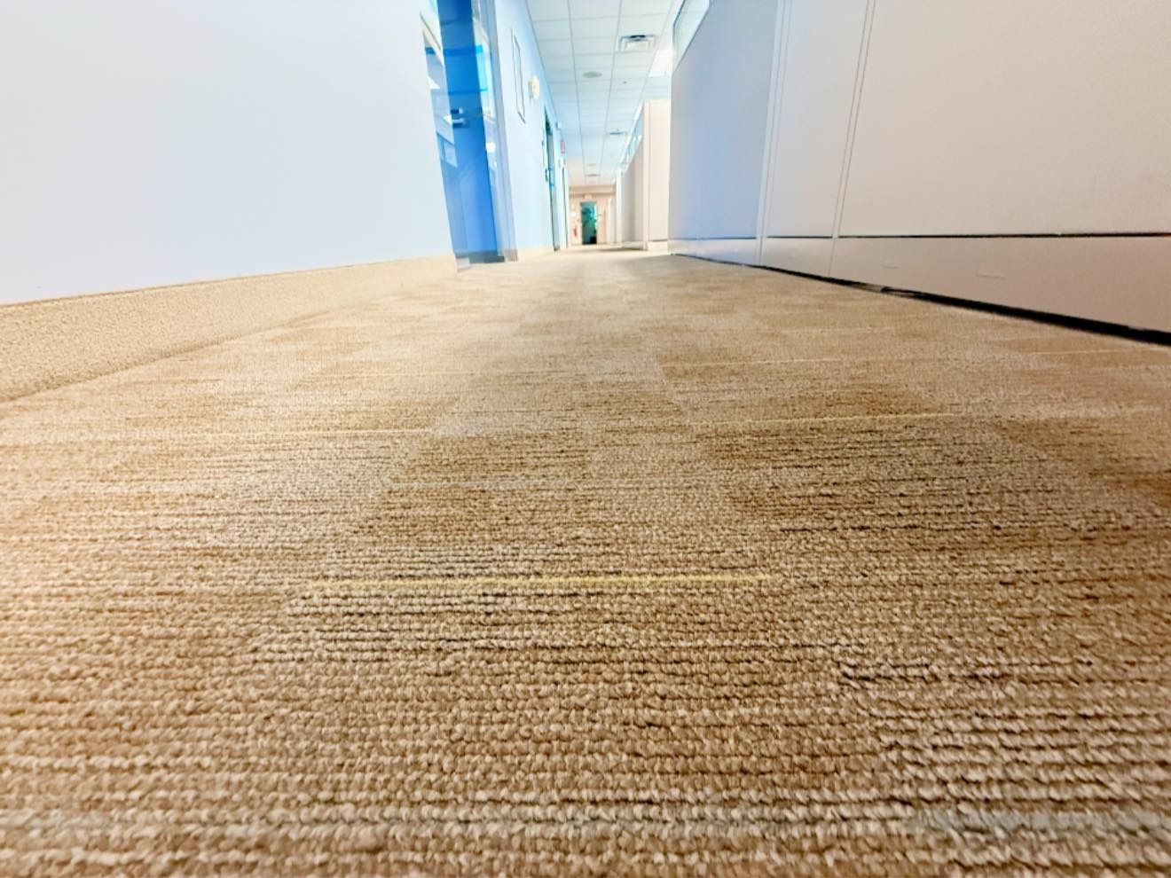 Long, beige carpeted hallway with white walls and closed cabinets.
