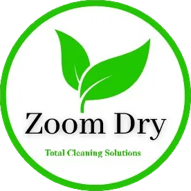 Logo for Zoom Dry cleaning solutions: green leaves and text within a green circle.