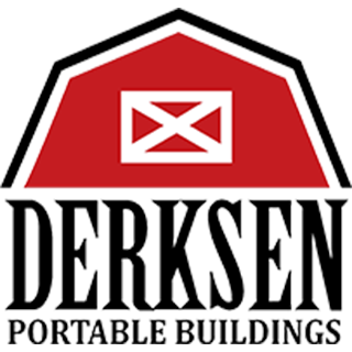 Logo for Derksen Portable Buildings: Red barn with white window, black text DERKSEN PORTABLE BUILDINGS.