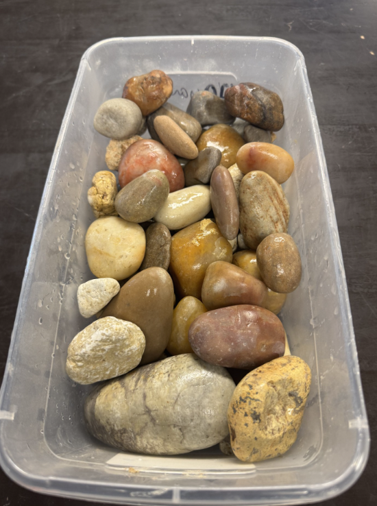 A plastic container filled with rocks on a table