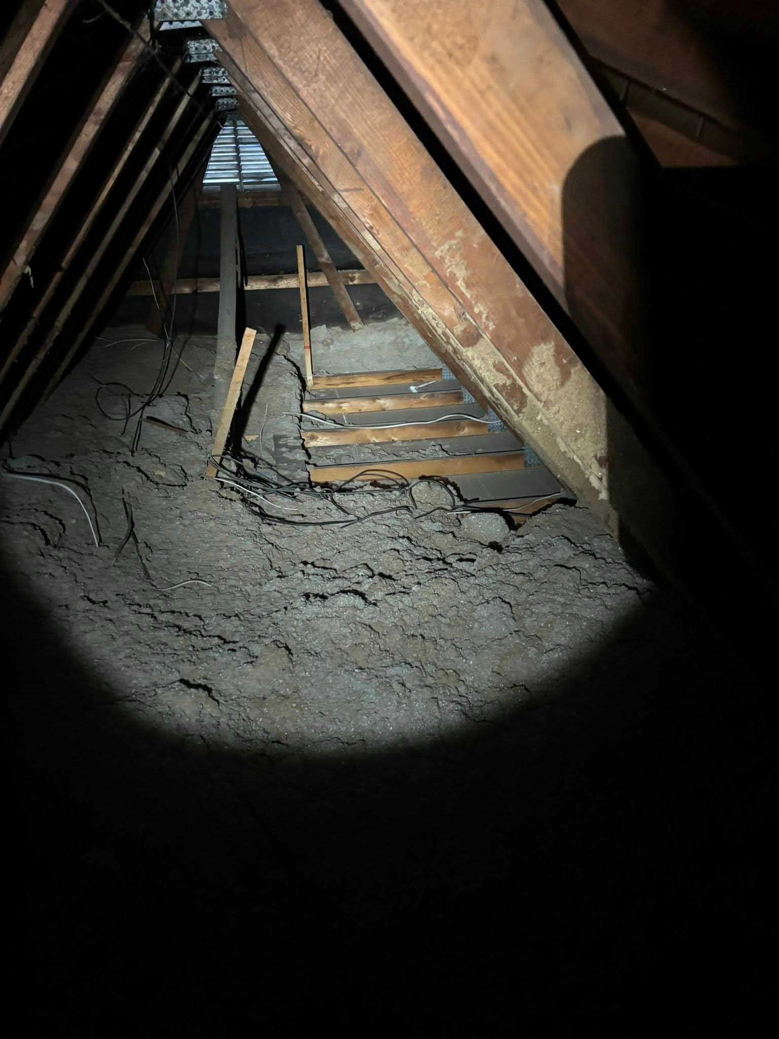 Dark attic interior with a wooden ladder, insulation, and exposed rafters.