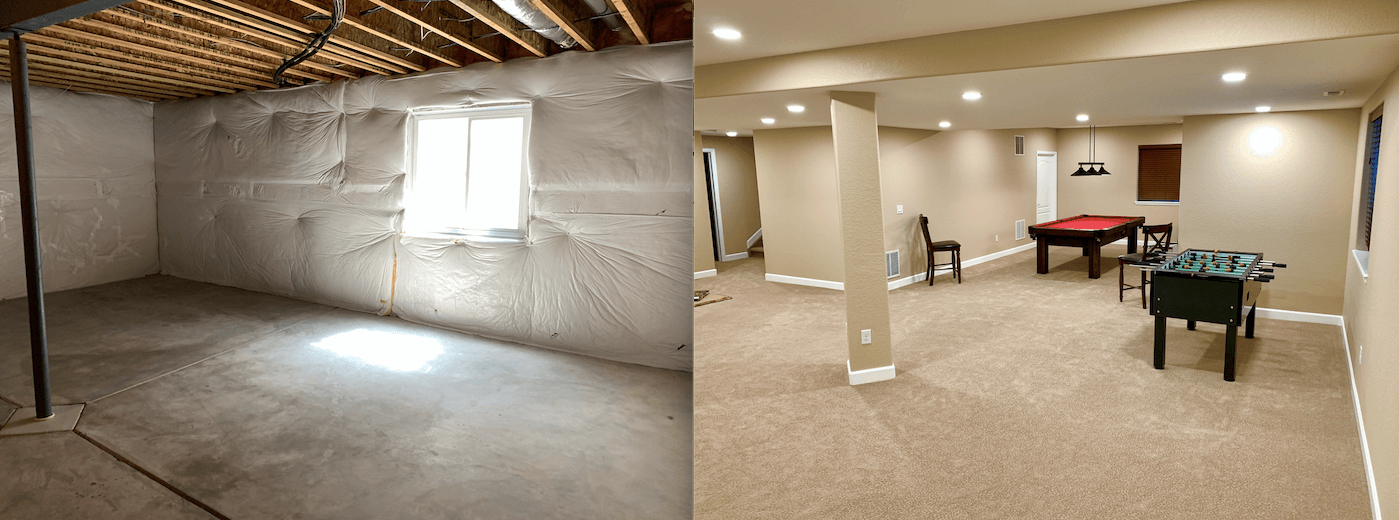 Before-and-after of a basement: unfinished with window, then finished with carpet, games, and lighting.