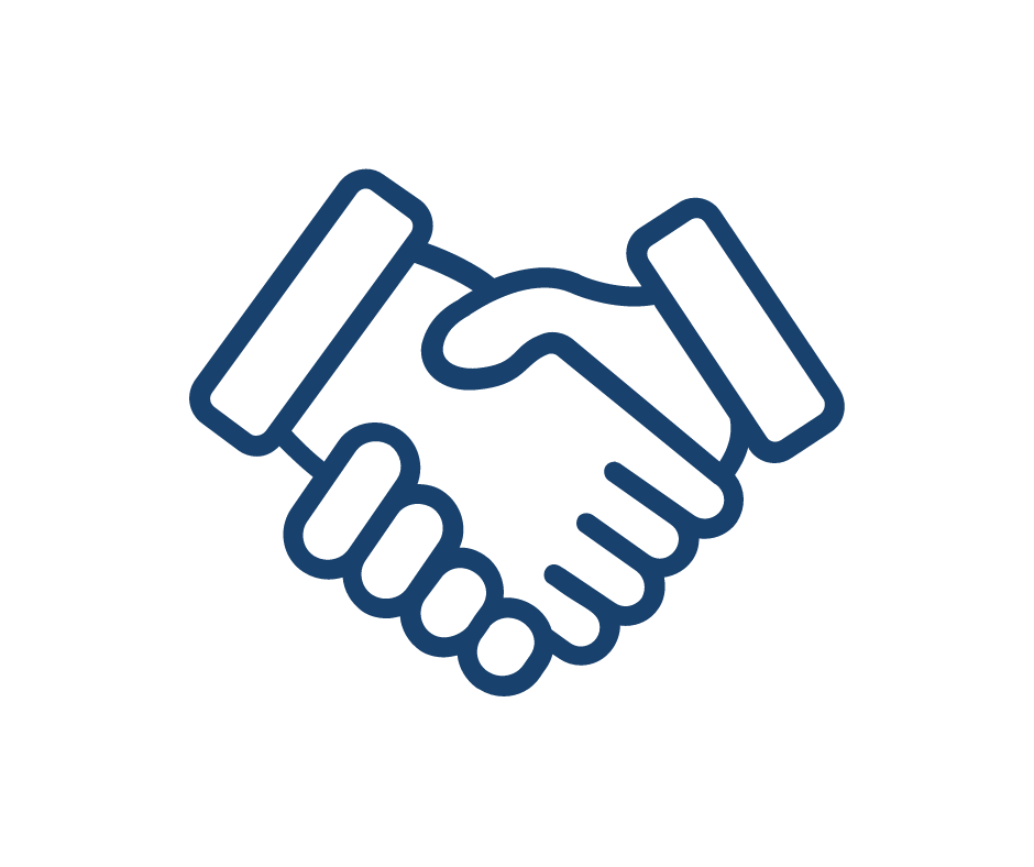 Two hands clasped together in a handshake, outlined in dark blue.