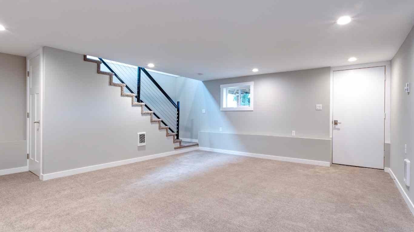 Empty basement with carpet, stairs, door, and a small window. Light gray walls, white trim.