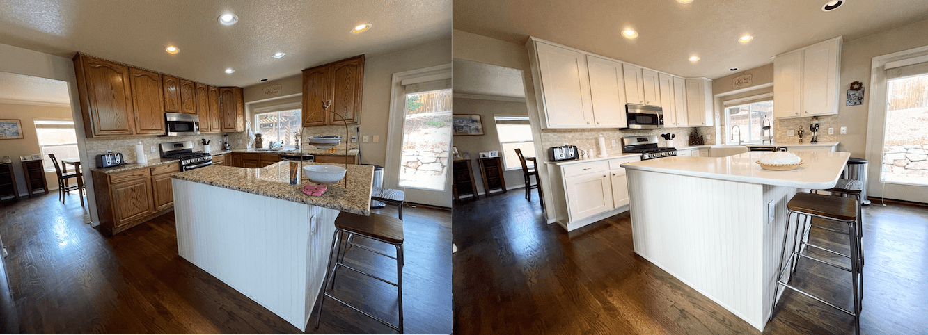 Kitchen renovation before and after: original wood cabinets replaced with white cabinets and updated island.