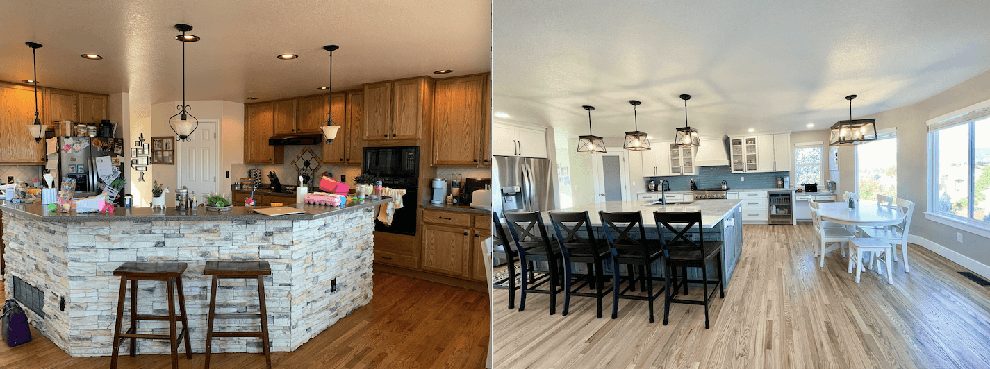 Before and after photos of a kitchen remodel. The 