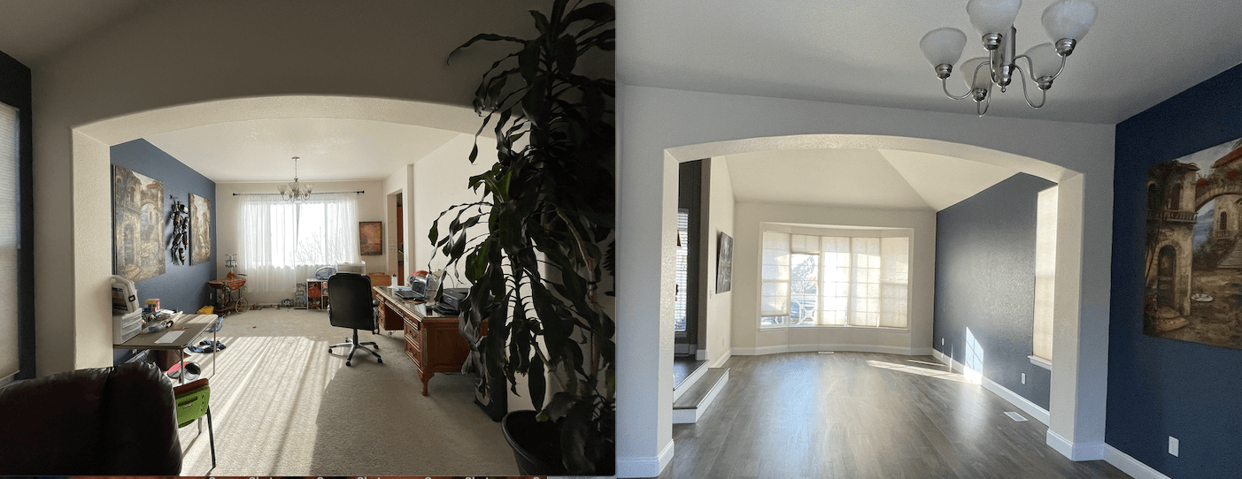 Two rooms connected by an archway. One with furniture, blue wall; the other empty, with chandelier.