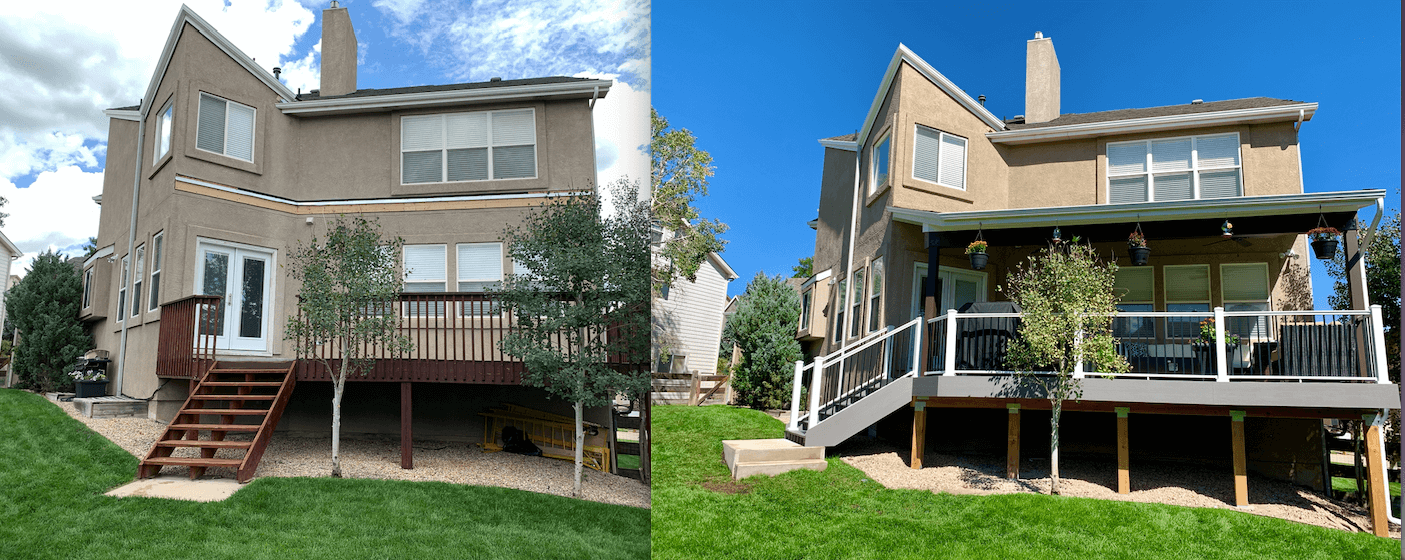 A house with a deck; the left side has a brown deck, the right has a gray deck and blue sky.