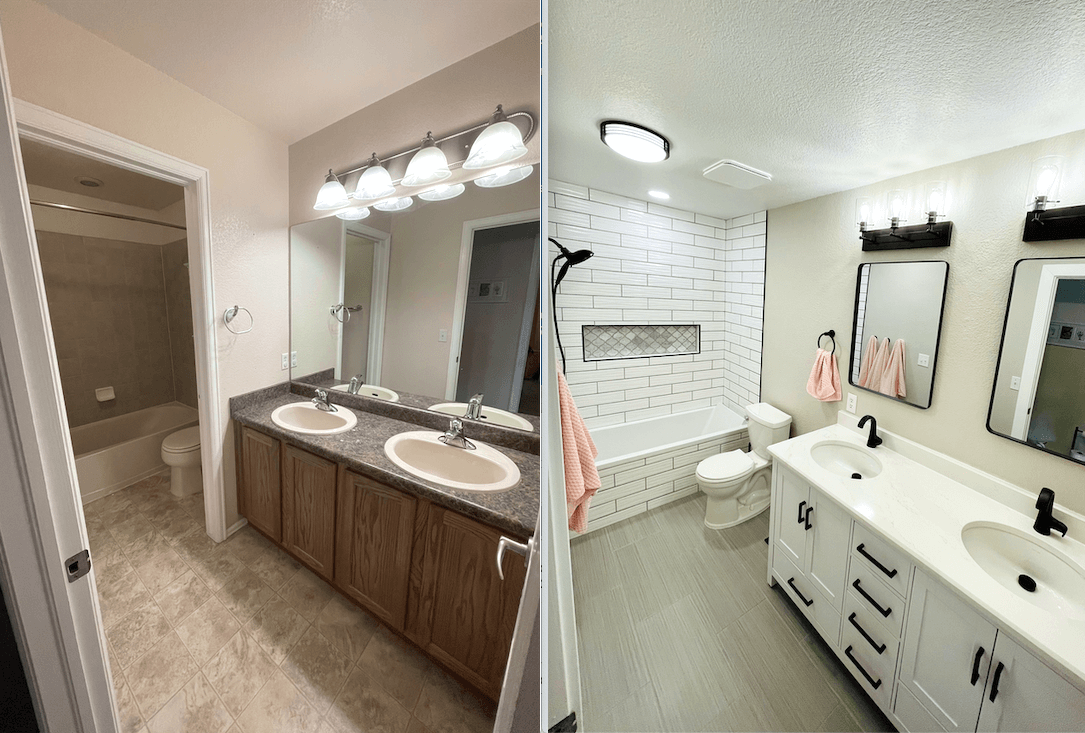 Two bathroom interior views: before and after renovation. The 