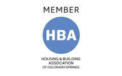 Logo for the Housing & Building Association of Colorado Springs with the text MEMBER and HBA inside a blue circle.