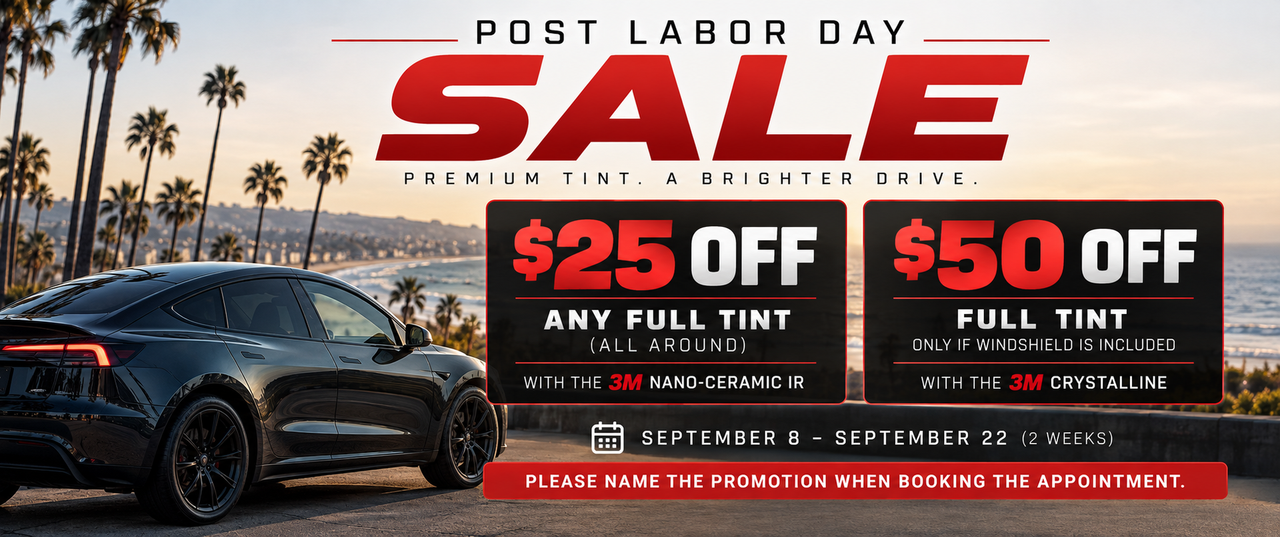 Black sports car in a red dealership ad for a post-Labor Day sale, offering $25 off tint and $50 off full tint.