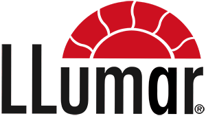 Llumar logo with black text and a red sunburst design.