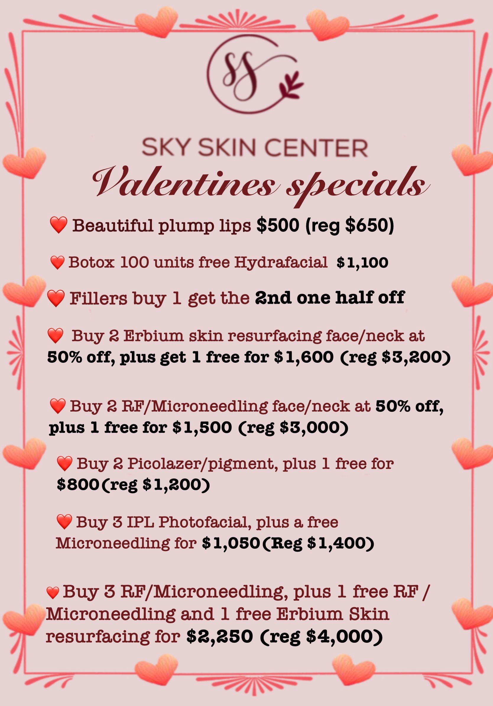 Promotional flyer for Sky Skin Center's Valentines specials.