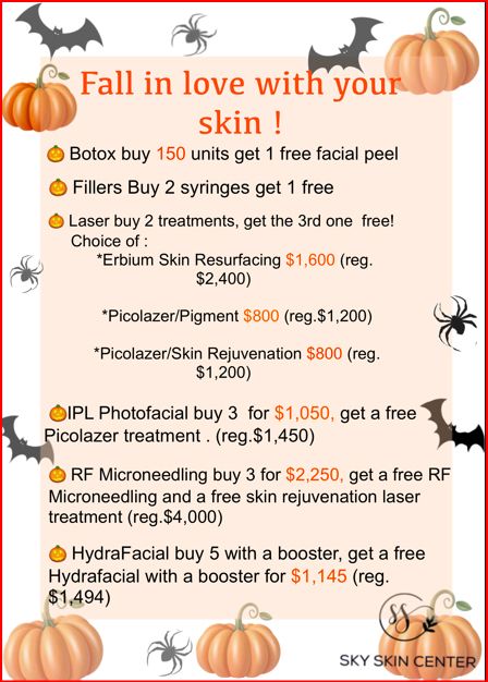 Fall skincare promotions with pumpkin and Halloween decorations from Sky Skin Center.