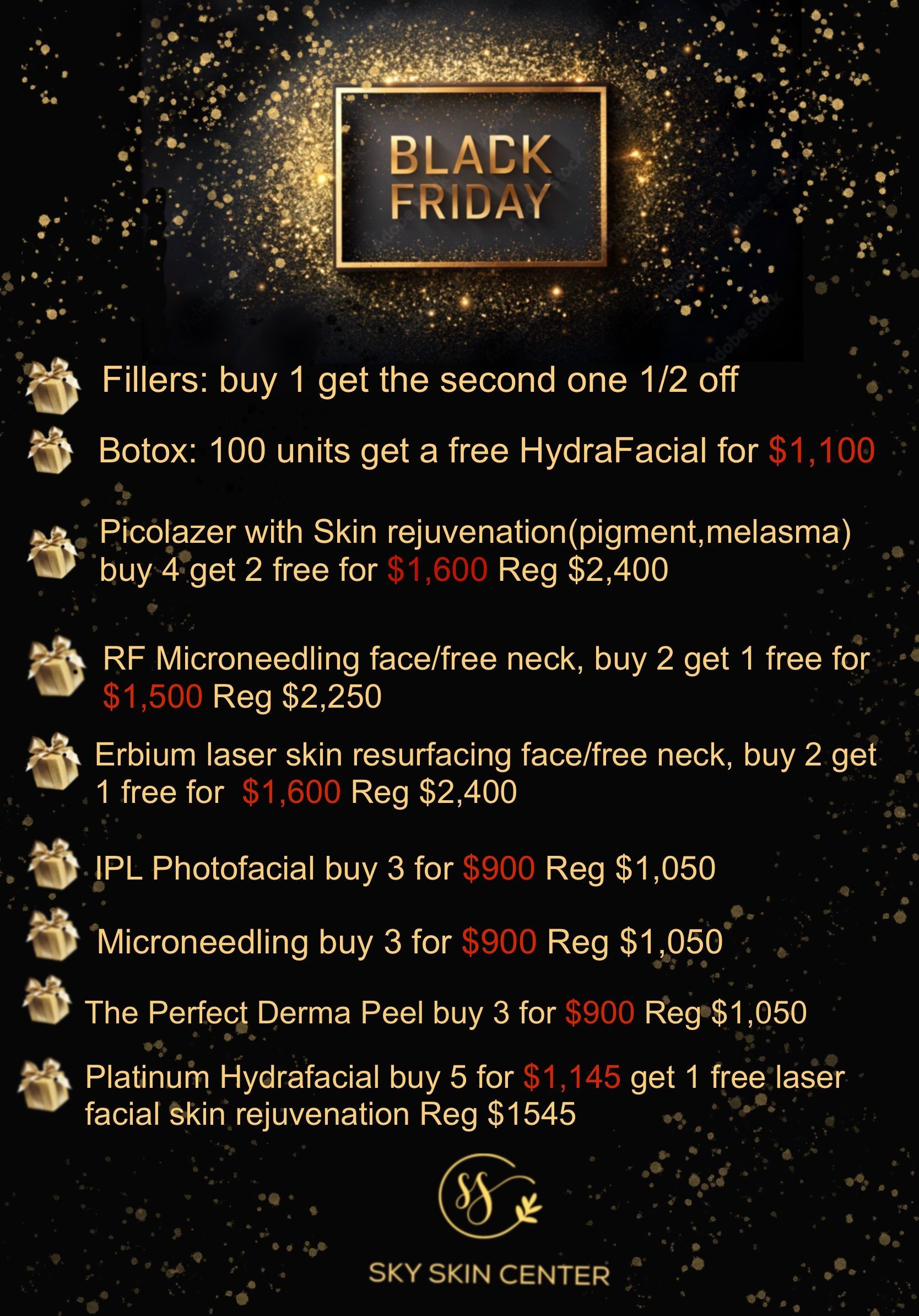 Promotional flyer for Sky Skin Center's Halloween specials. Includes deals on Botox, fillers, laser treatments, and other skin procedures.