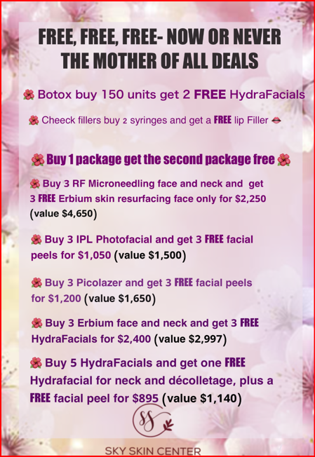 Pink Mother’s Day promo flyer listing FREE, FREE, FREE deals on facial and skincare packages