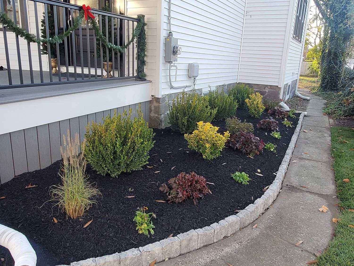 A garden bed with mulch and various shrubs lining the side of a white house next to a stone walkway.