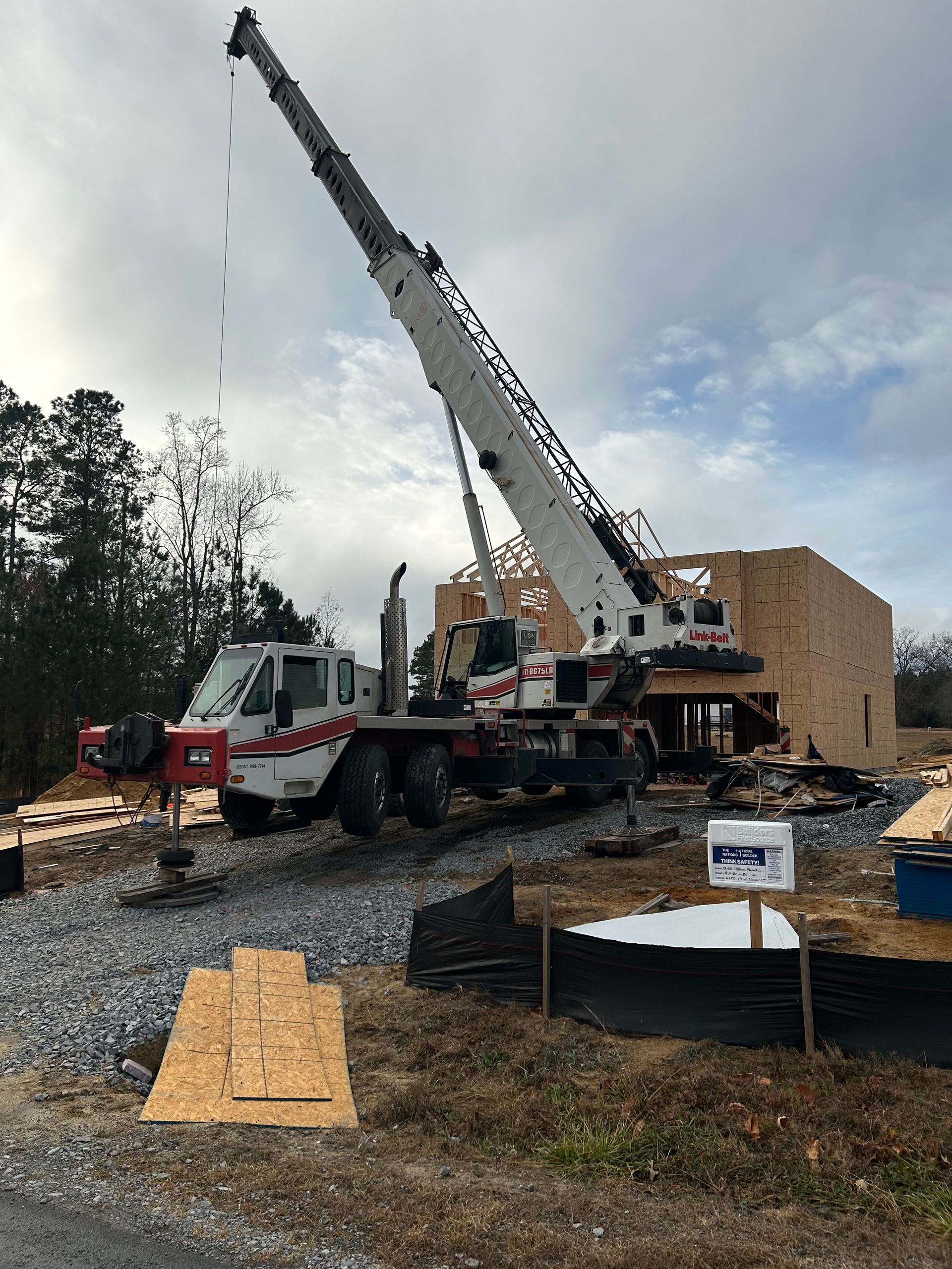 Setting Trusses on New House in Sandy Creek Neighborhood in Franklin, VA