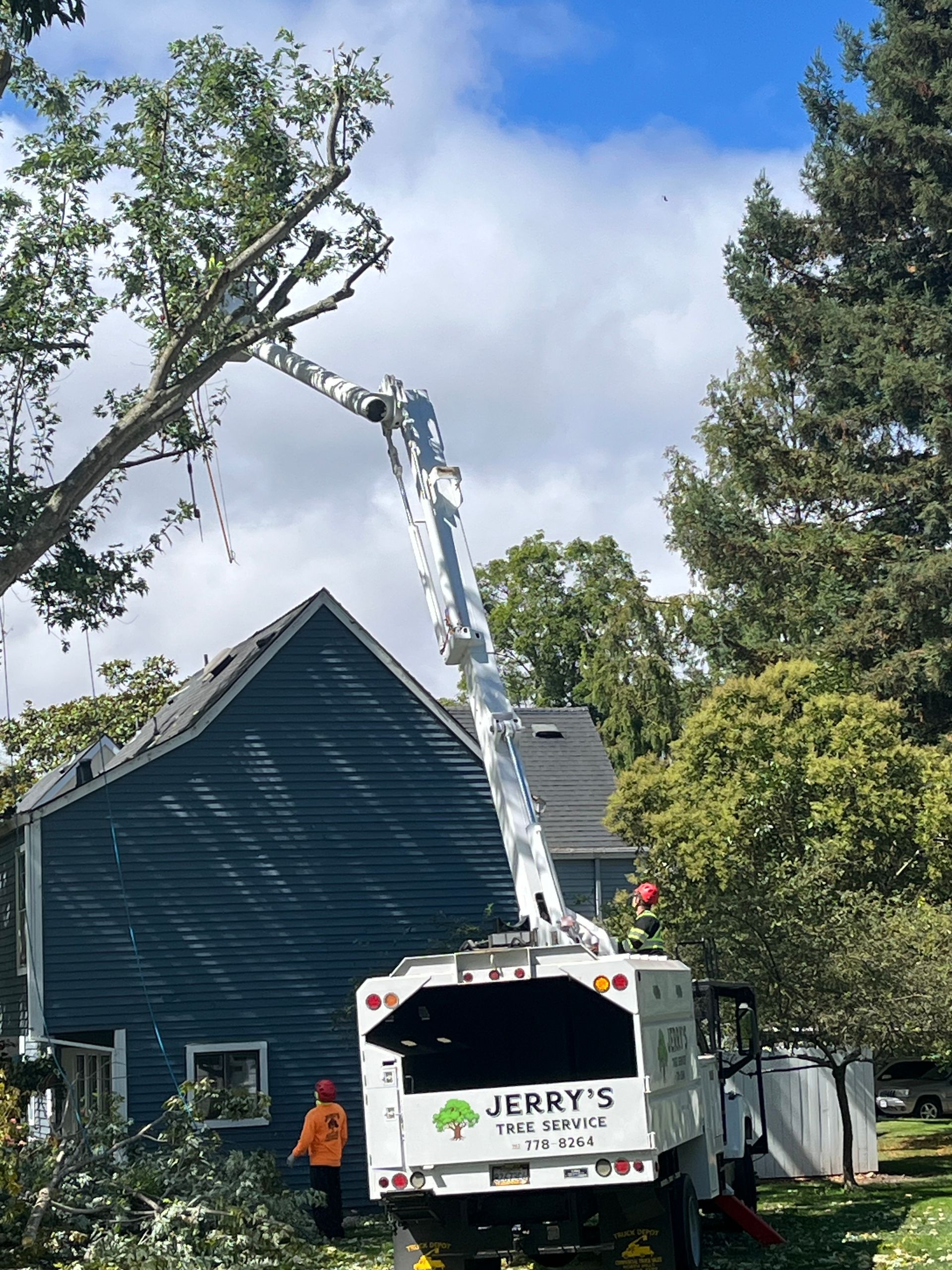 Worker in a bucket lift trimming a tree beside a blue house and truck.