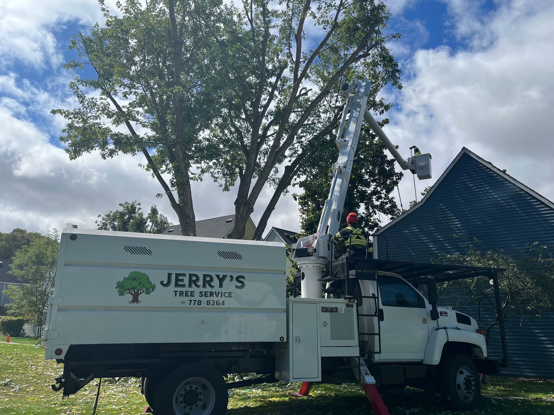 Jerry’s Tree Service truck with bucket lift parked by a house under tall trees