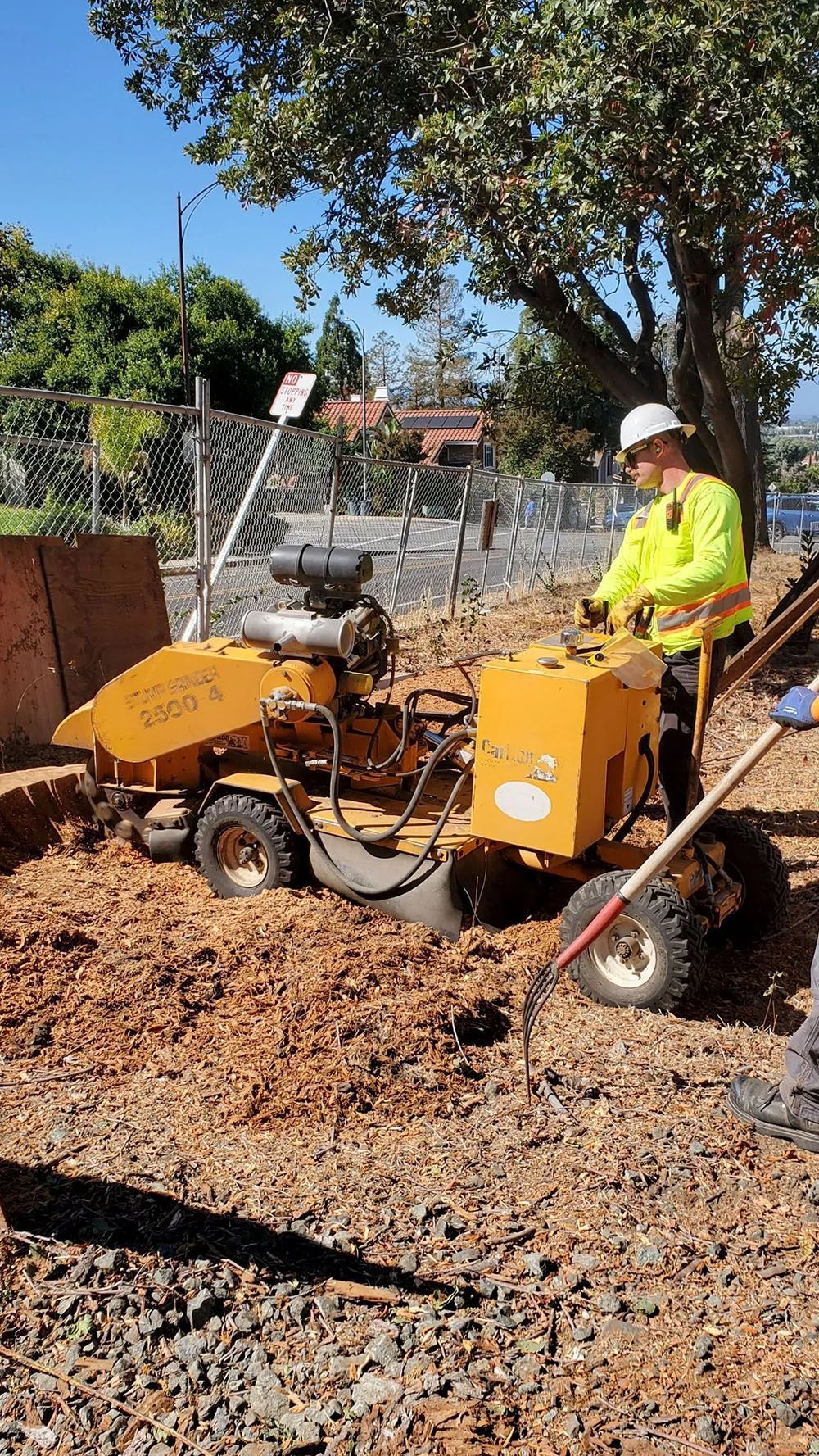 A worker in a high-vis vest operating a stump grinder; outdoors, sunny.