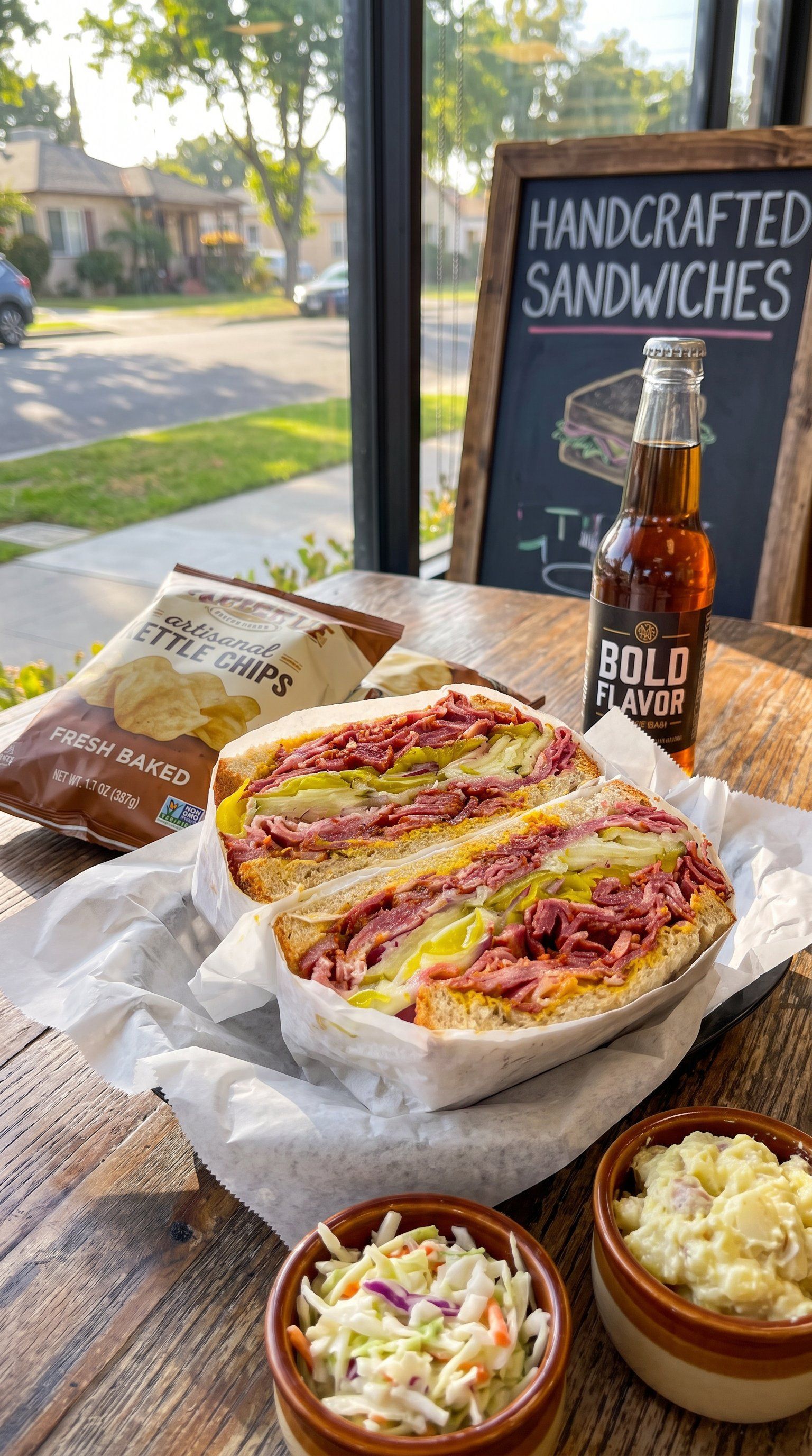 Sandwiches and coleslaw on a table by a window, with a bottle and sign reading “Handcrafted Sandwiches.”.