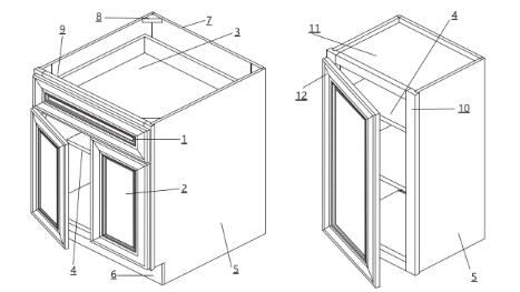 Line drawings of a kitchen base cabinet and wall cabinet labeled with numbered parts for assembly.