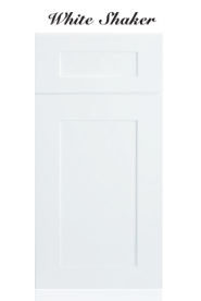 A white Shaker-style cabinet door with a clean, rectangular recessed panel design.