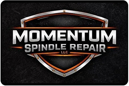 Momentum Spindle Repair LLC logo with metallic shield, black background, and orange accents