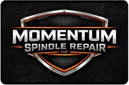 Momentum Spindle Repair LLC logo with metallic shield, black background, and orange accents