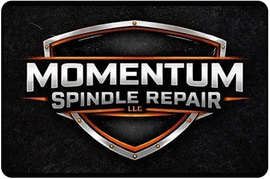 Momentum Spindle Repair LLC logo with metallic shield, black background, and orange accents
