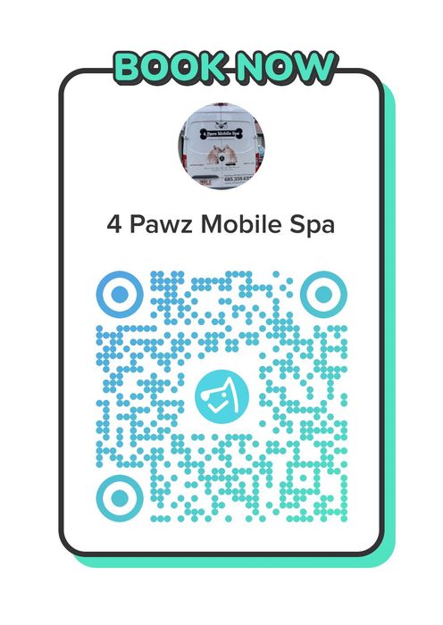 “Book Now” 4 Pawz Mobile Spa card with teal QR code and logo on a white background