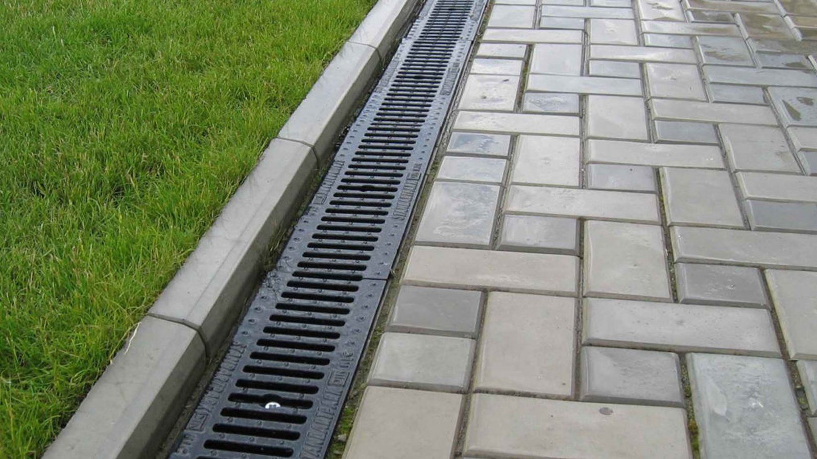 Drain grating along the edge of a paved walkway beside green grass