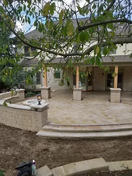 Patio with fireplace
