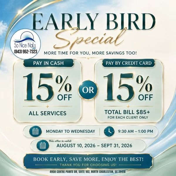 Early bird special flyer: 15% off all services, blue and cream design, dates and contact info included