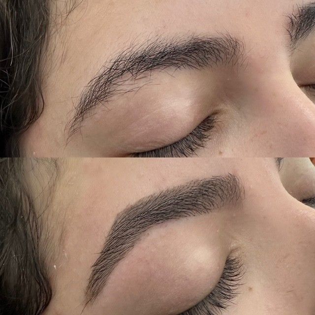 A before and after picture of a woman 's eyebrows.