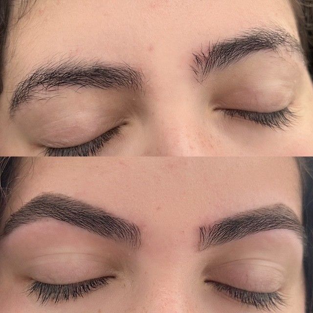 A before and after picture of a woman 's eyebrows.